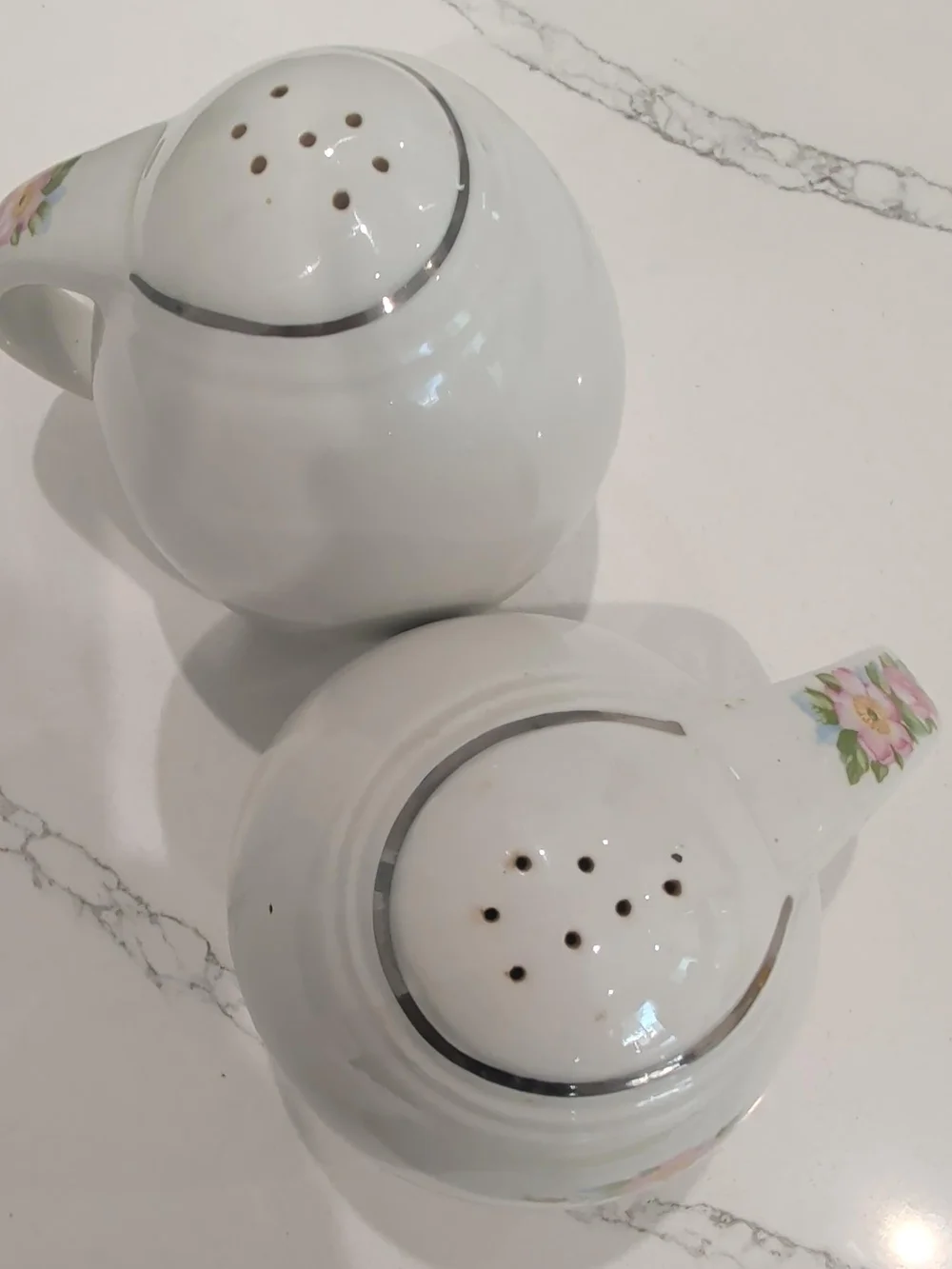 Vintage MCM Ceramic Salt & Pepper Shakers Floral Silver Trim Handled Cork USA
